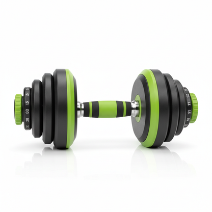 Quick Flex Adjustable Dumbbell - green and black adjustable dumbbell with quick-release weight adjustment