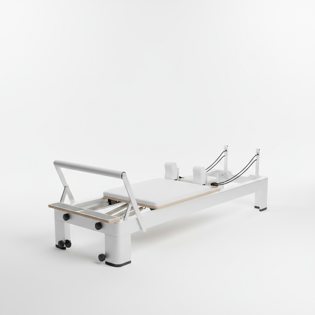 FlexPeak Home Pilates Reformer Machine - modern white and silver design on white background