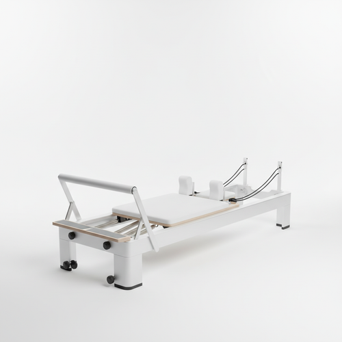 FlexPeak Home Pilates Reformer Machine - modern white and silver design on white background