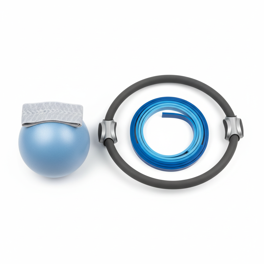 FlexPeak Pilates Beginner Set - pilates ring, resistance bands and exercise ball on white background